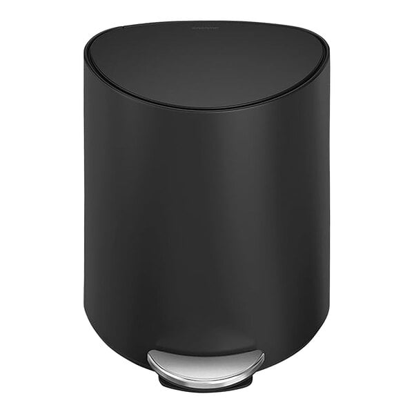 A matte black simplehuman semi-round step-on trash can with a silver lid.