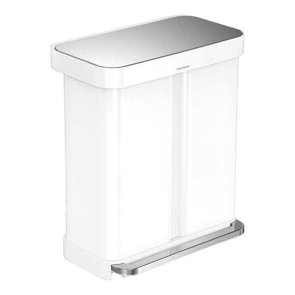 A white rectangular simplehuman trash can with a silver lid.