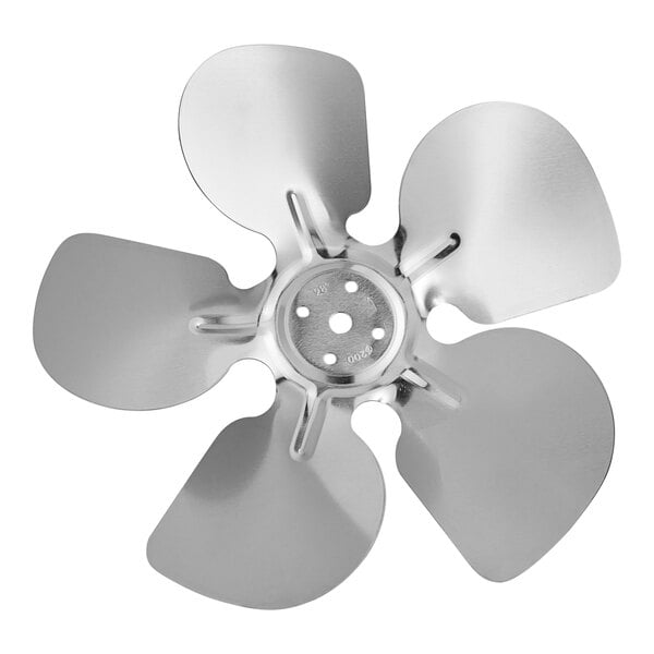 A silver circular metal MainStreet Equipment evaporator fan blade with holes.