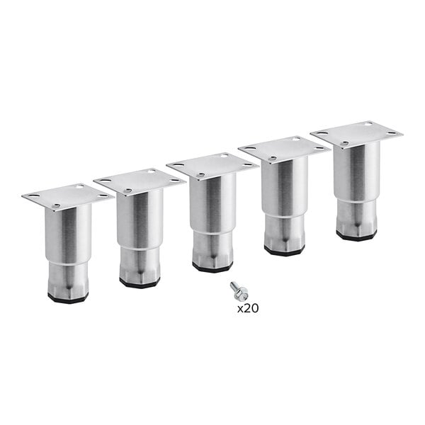 A set of four silver metal Avantco adjustable legs with square caps.