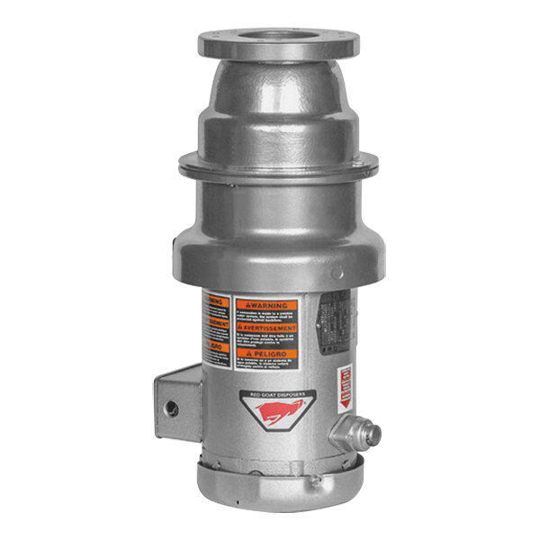 A close-up of a red and silver Red Goat food waste disposer.