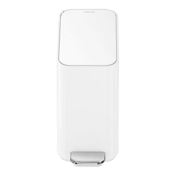 A white rectangular simplehuman trash can with a white lid.