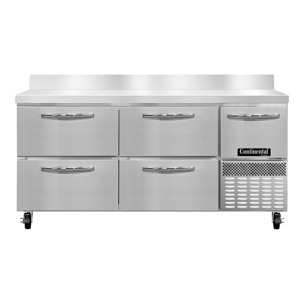 A Continental Refrigerator stainless steel worktop freezer with four drawers.