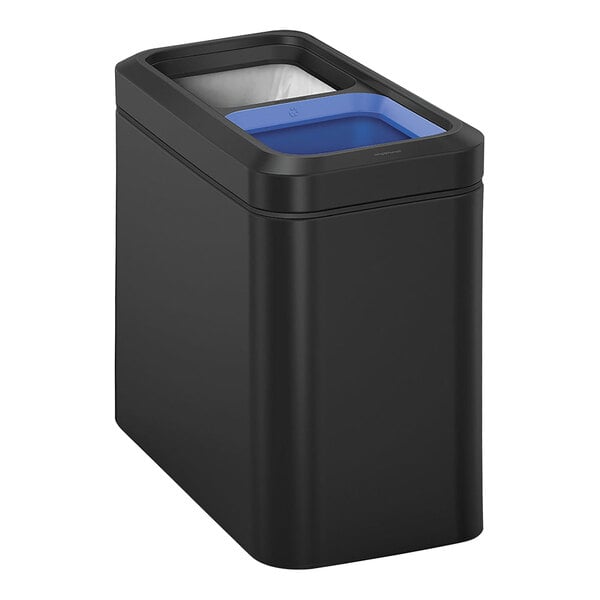 A black simplehuman rectangular dual compartment trash can with blue lids.