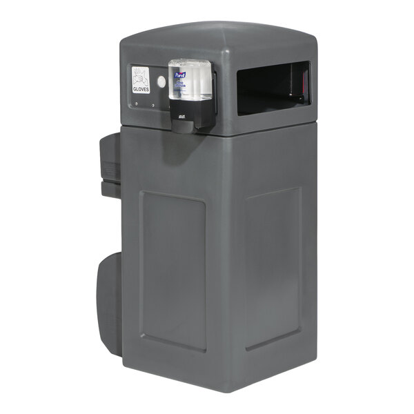 A large gray single-sided windshield service station with a built-in glove dispenser, hand sanitizer, and waste receptacle.