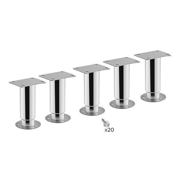 A group of silver metal Avantco seismic legs with a square base.