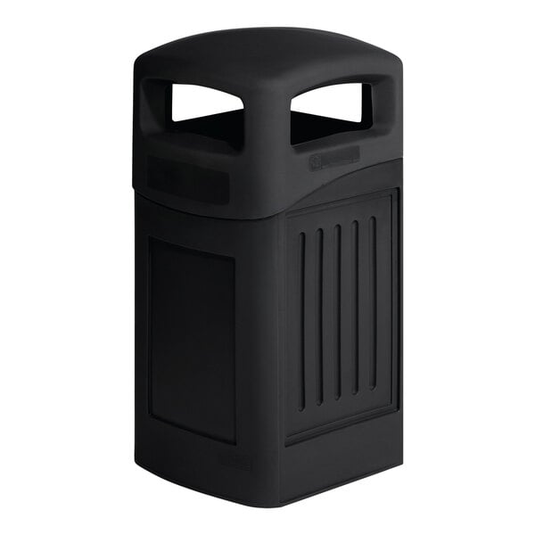 A black plastic MasonWays trash can with a cut out top.