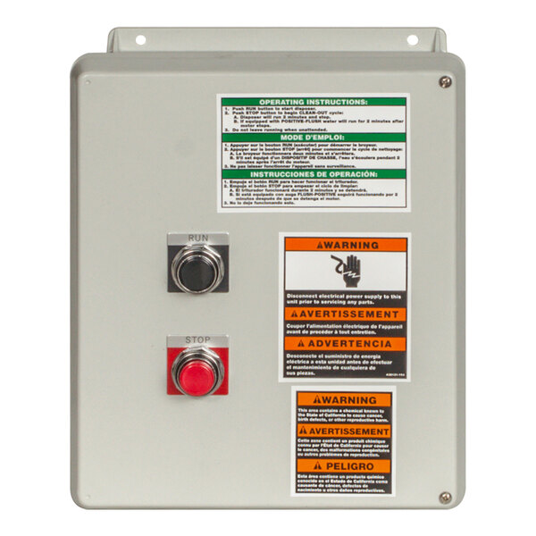 A close up of a red metal control panel box with two white buttons and a red button.
