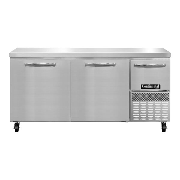 A stainless steel Continental worktop freezer with two full doors and one half door.