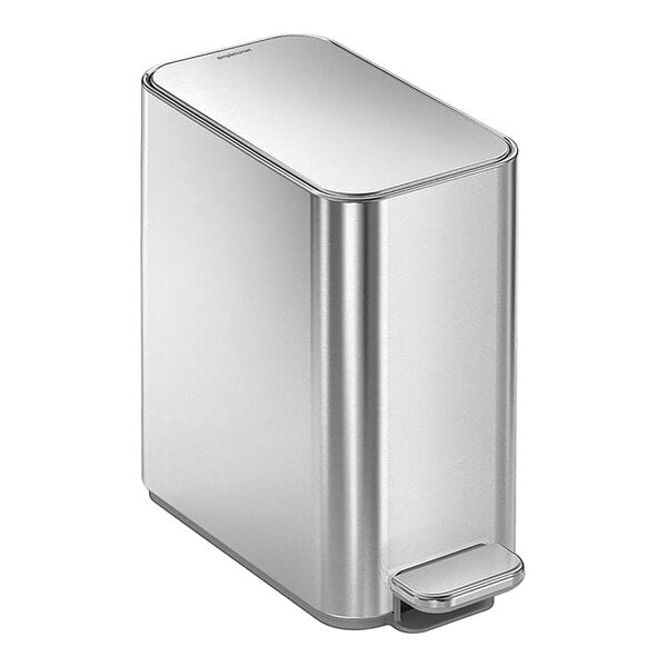 A simplehuman stainless steel rectangular step-on trash can with a white background.