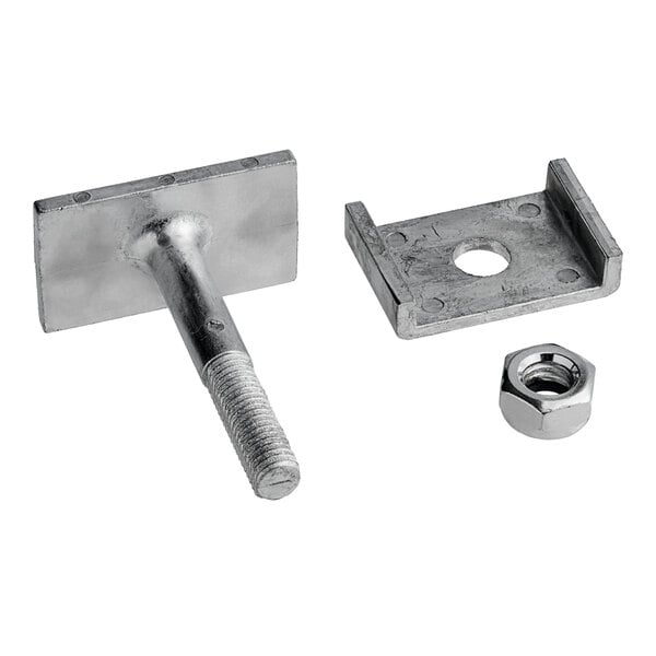 A metal bolt and nut on a metal plate with a hole.