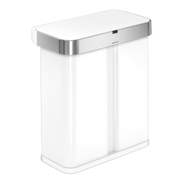 A white simplehuman rectangular dual compartment sensor trash can with a silver lid.