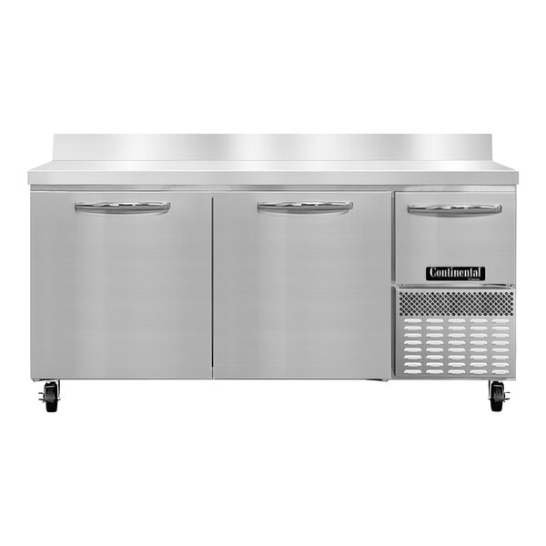 A stainless steel Continental worktop freezer with full and half doors.