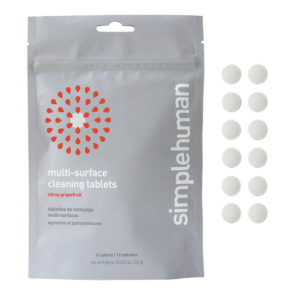 A white bag of simplehuman Citrus Grapefruit Multi-Surface Cleaning Tablets with a red and white logo.