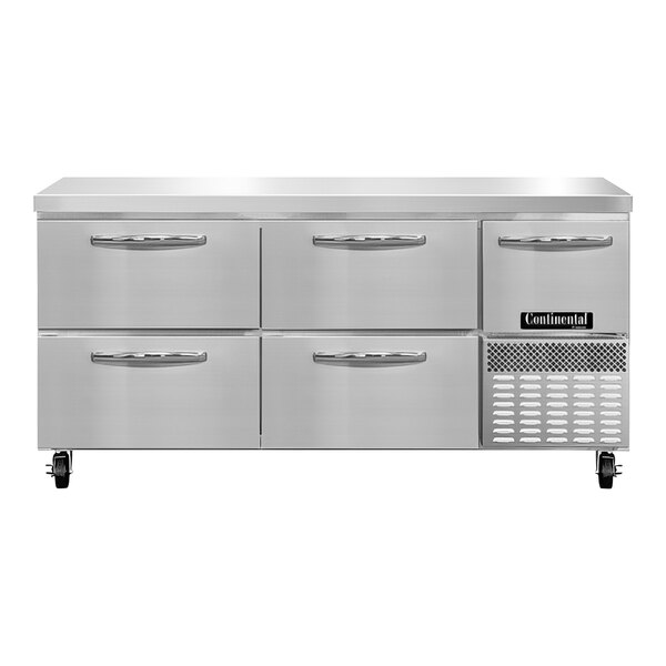 A stainless steel Continental undercounter freezer with four drawers.