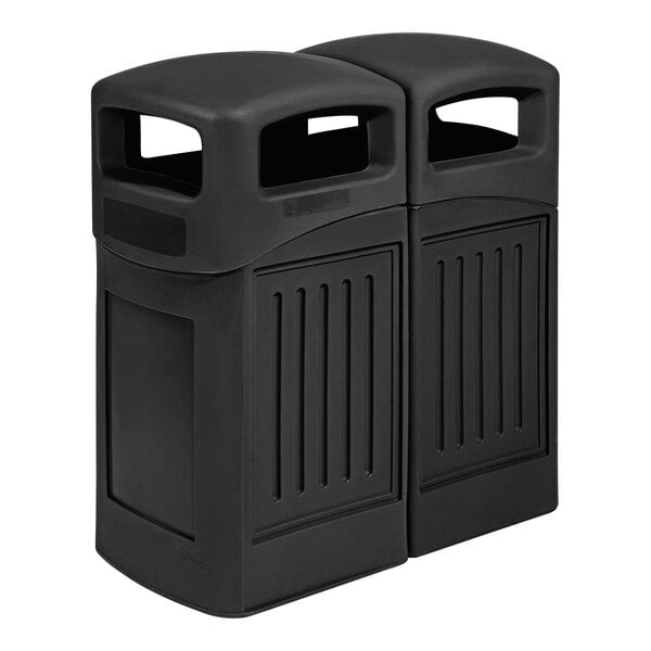 A MasonWays dual hood top black trash and recycling can.