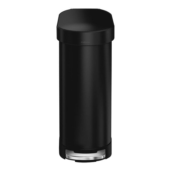 A black simplehuman rectangular slim step-on trash can with a white lid.