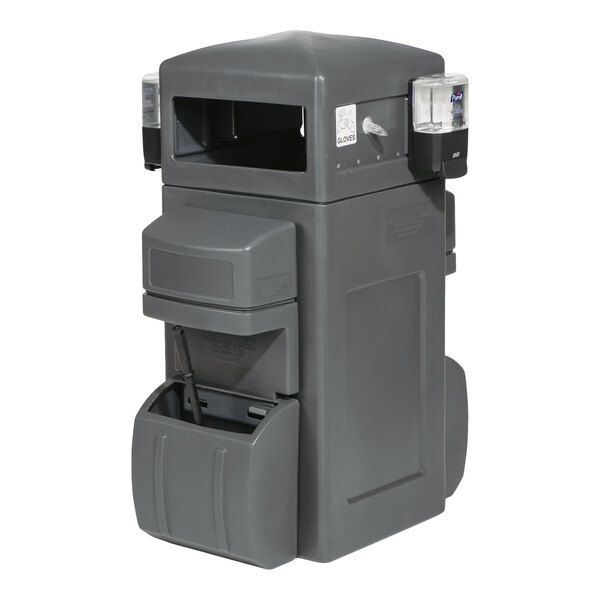 A gray double-sided windshield service station with a sanitation kit and glove dispensers.