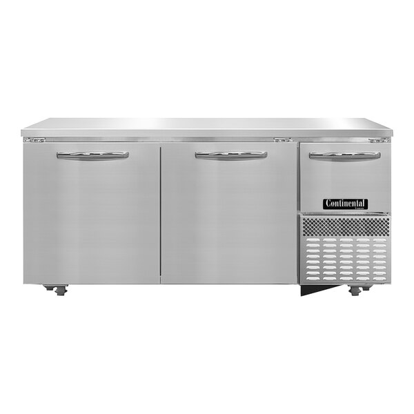 A stainless steel Continental undercounter freezer with 2 full doors and 1 half door.