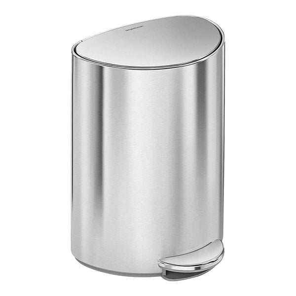 A brushed stainless steel simplehuman semi-round trash can with a lid.