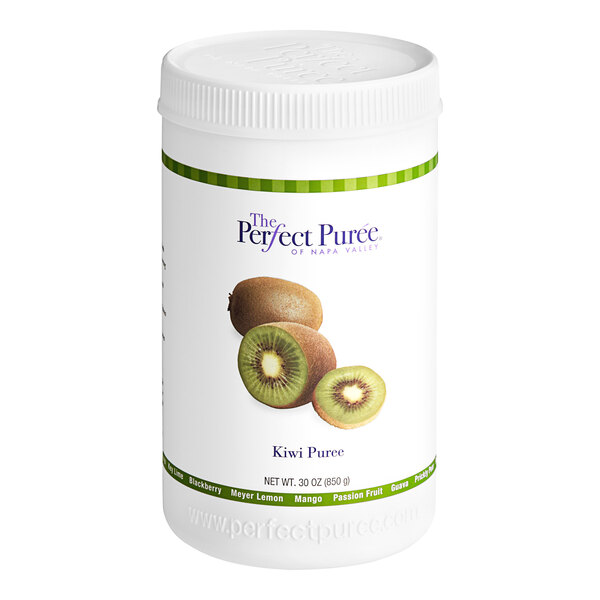 A white container of Perfect Puree Kiwi Puree with a green and white label.