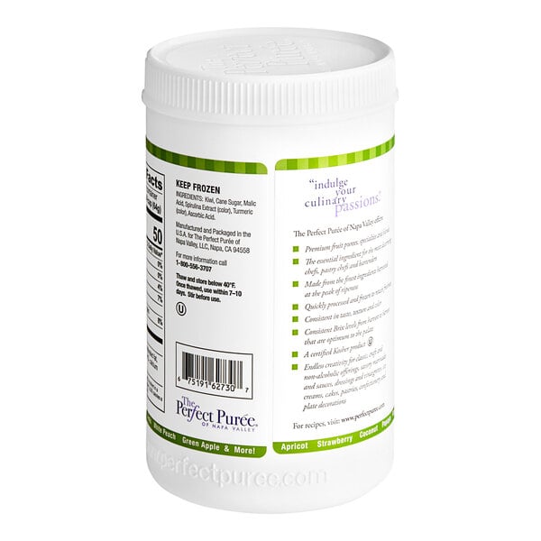 A white plastic bottle of Perfect Puree Kiwi Puree with a green and white label.
