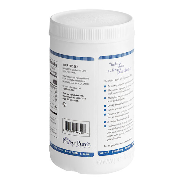 A white container of Perfect Puree Blueberry Puree with blue and white labels.