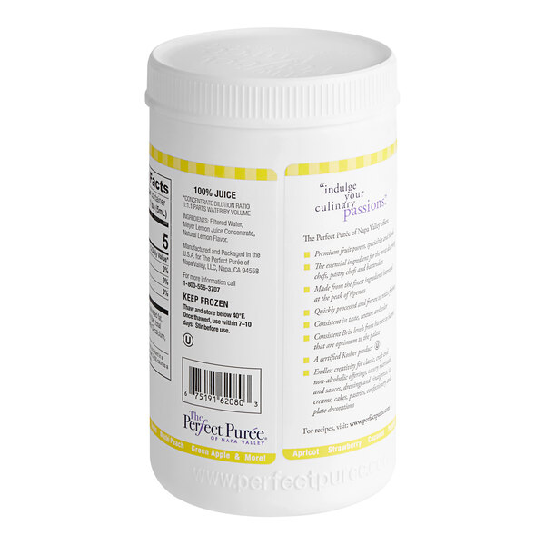 A white bottle of Perfect Puree Meyer Lemon Concentrate with a yellow label.