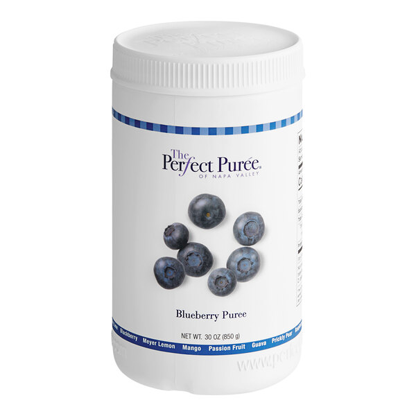 A white container of Perfect Puree Blueberry Puree with a white label featuring blueberries.
