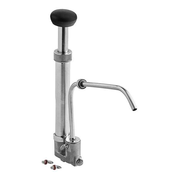 A silver and black Carnival King 3.5 Qt. hand pump with a stainless steel handle.