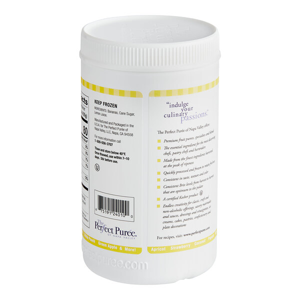 A white container of Perfect Puree Banana Puree with yellow and blue text.