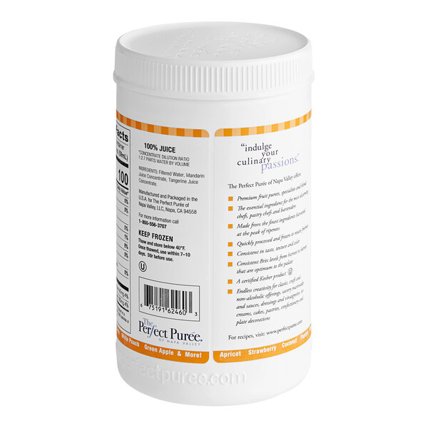 A white bottle of Perfect Puree Mandarin / Tangerine Concentrate with orange and white labels.
