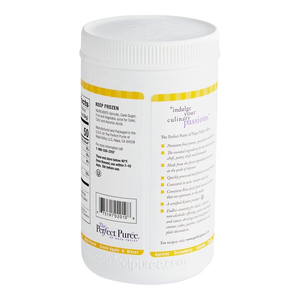 A white container of Perfect Puree Apricot Puree with yellow and white labels.