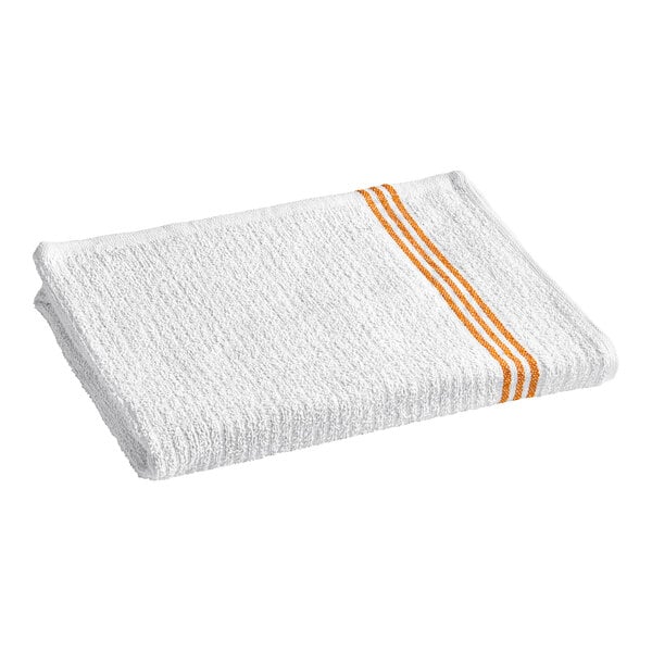 A white towel with three orange stripes.