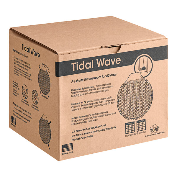 A box of 6 mango scented Fresh Products Tidal Wave urinal screens.