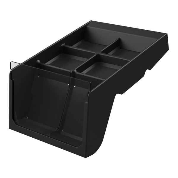 A black plastic Borray shelf organizer with six compartments.
