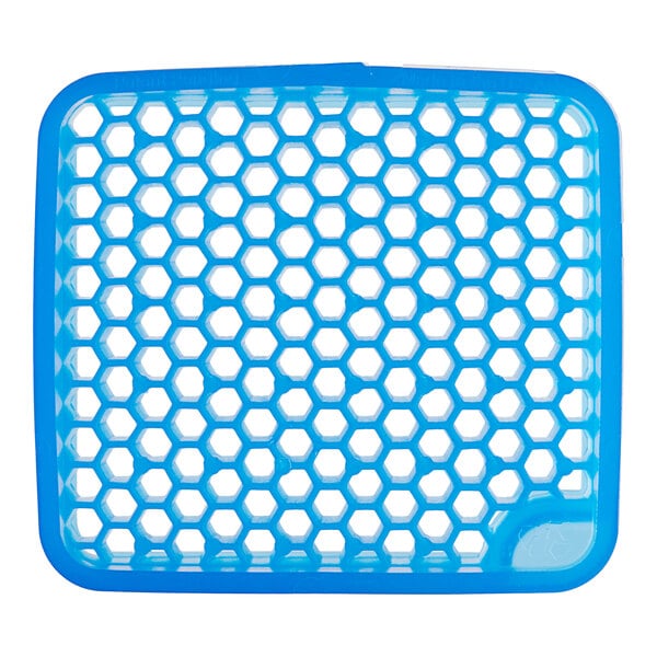 A blue plastic circle with white lines and holes.