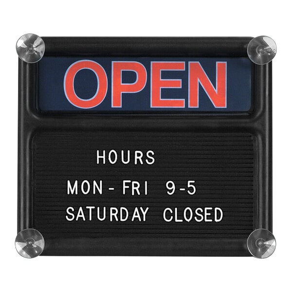 A black United Visual Products sign with white letters that says "Open / Closed" on a white background.