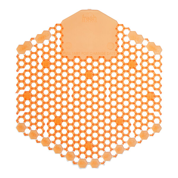 An orange hexagon-shaped Fresh Products urinal screen with a white background.