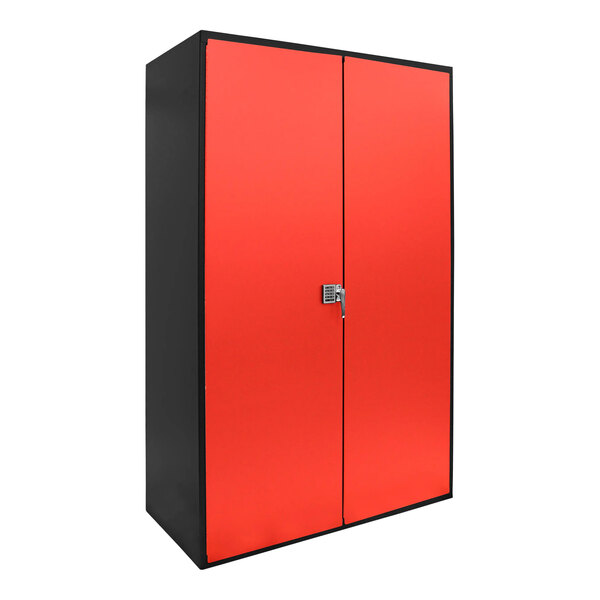 A black and red steel Valley Craft storage cabinet.