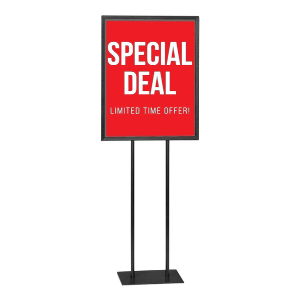 A black United Visual Products rectangular steel pedestal with a red sign that says "special deal" in white letters.