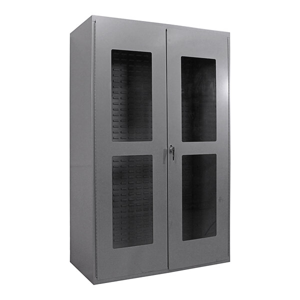 A Valley Craft grey steel storage cabinet with clear glass doors.