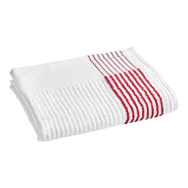 A white gym towel with red stripes.