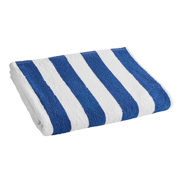 An Oxford Playa royal blue and white striped pool towel.