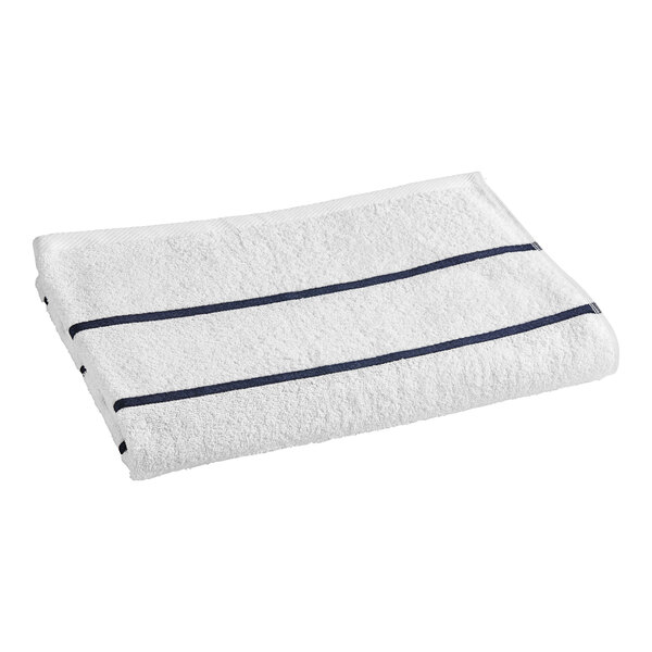 A white pool towel with blue stripes.