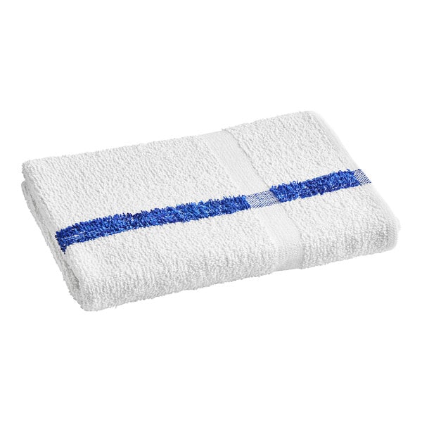 A white towel with blue stripes on it.