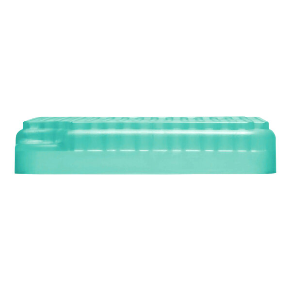 A rectangular, translucent teal air freshener refill.