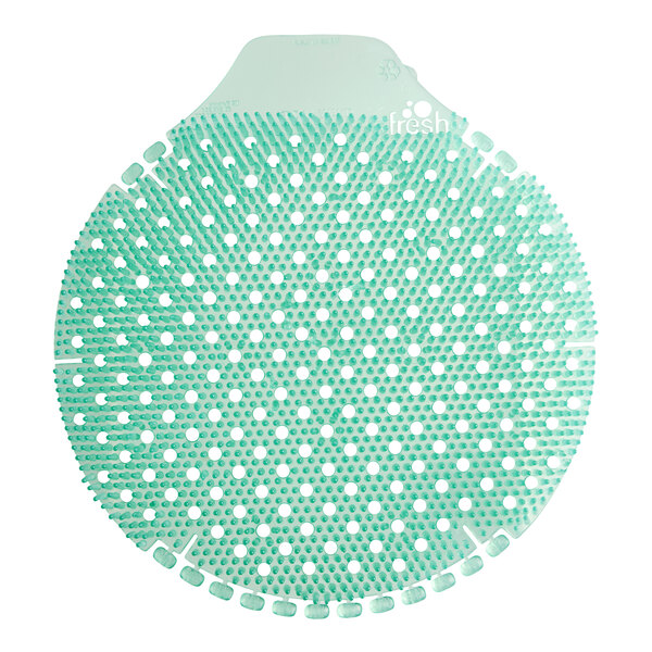 A green and white circular Fresh Products Tidal Wave Cucumber Melon scented urinal screen.