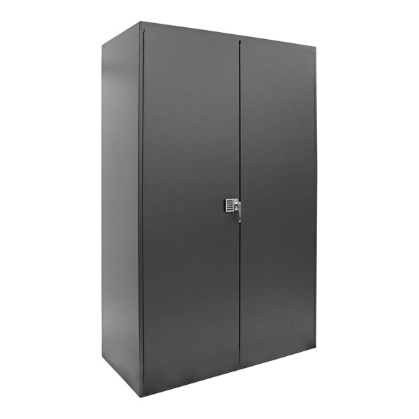 A black steel Valley Craft electronic locking storage cabinet with three shelves.