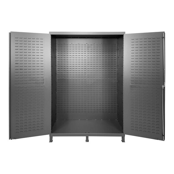 A grey Valley Craft steel storage cabinet with open doors.